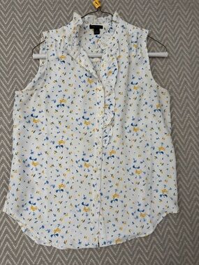 Ann Taylor Sleeveless Ruffle Neck Blouse XS White Yellow Blue Floral Top